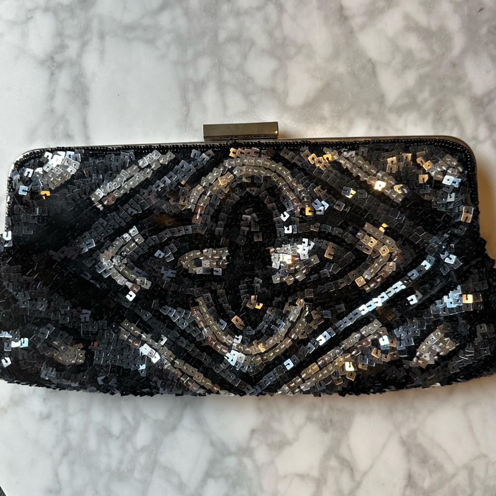 BCBG Max Azria Black and Silver Sequin Clutch